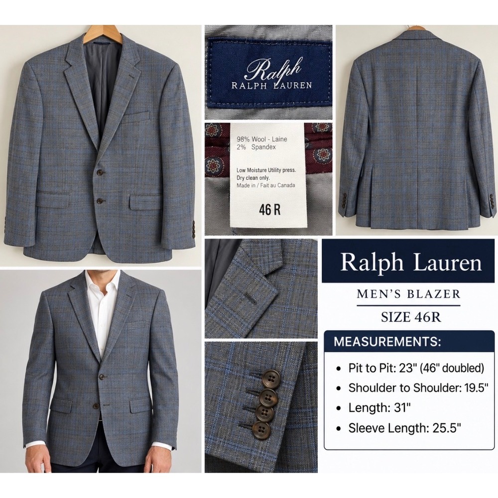 Ralph Lauren Mens Grey Glen Plaid Wool Blend 2 Button Blazer‎ Sport Coat